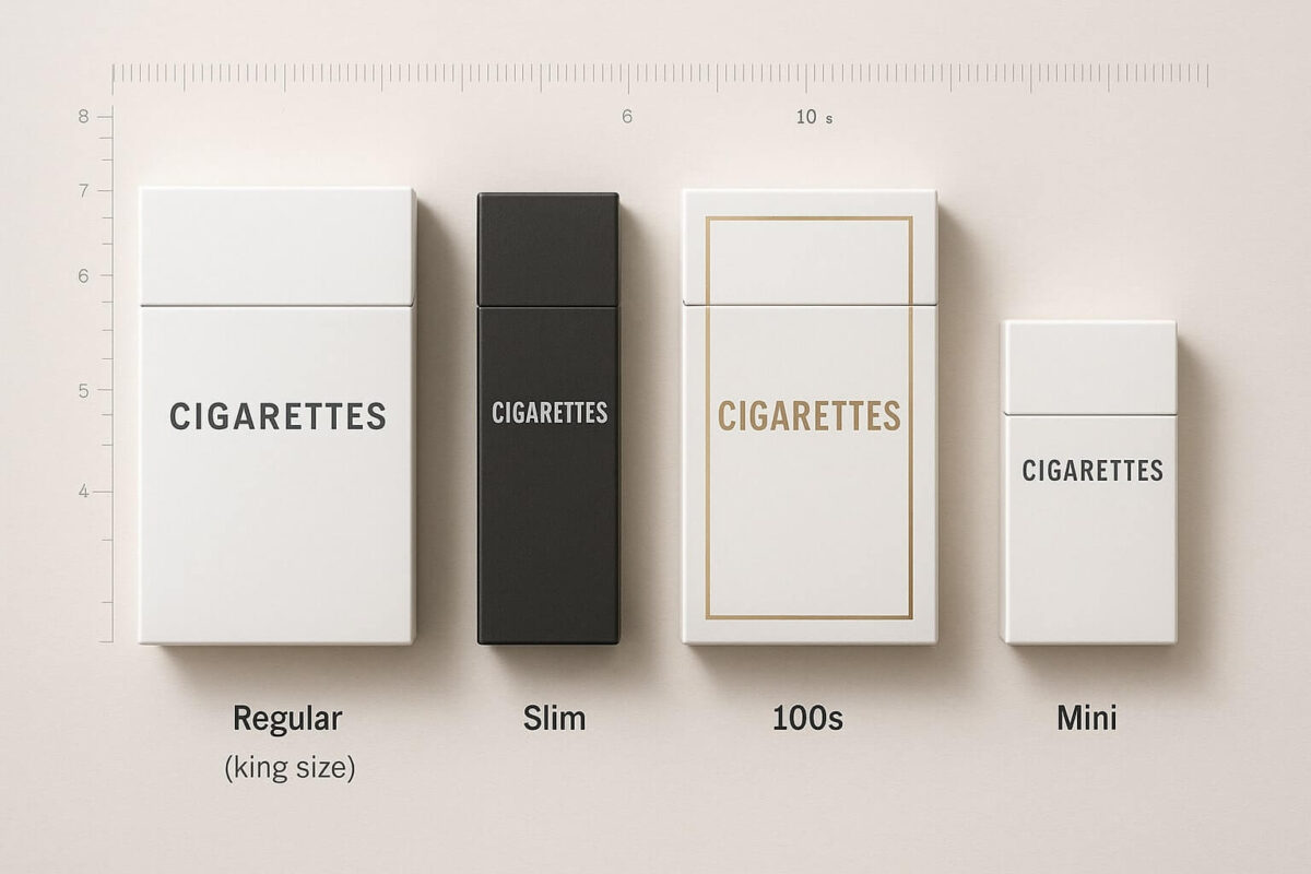 Flat-lay image of four cigarette boxes labeled Regular (King Size), Slim, 100s, and Mini, arranged left to right on a light surface with subtle measurement rulers in the background, showcasing size differences using clean, minimalist packaging.