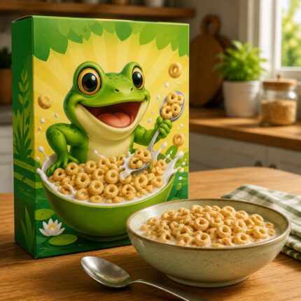 Custom cereal with frog on the box
